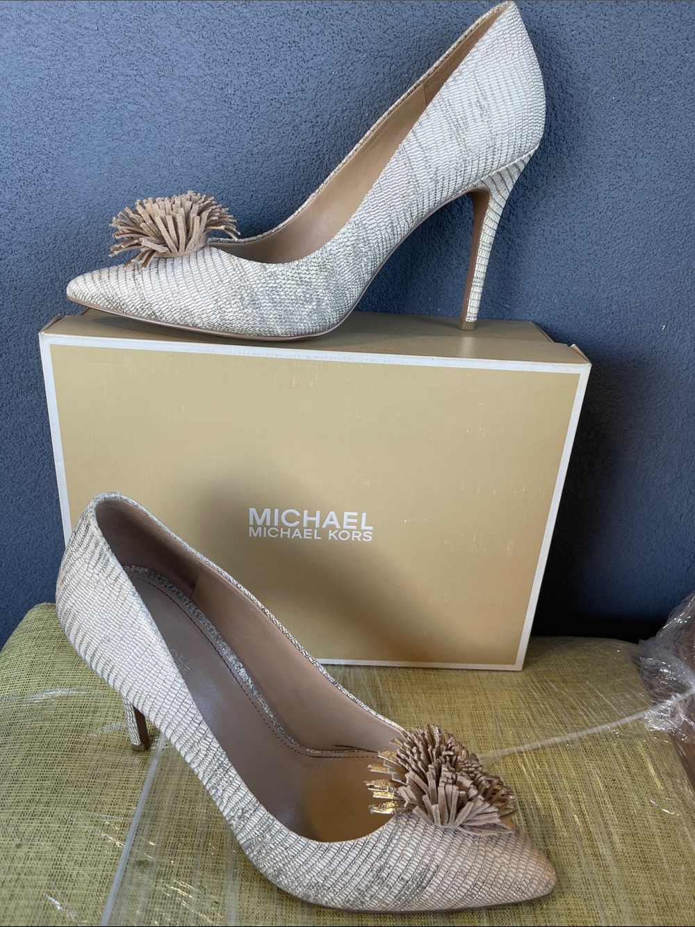 MICHAEL Michael Kors Champagne Beige Textured Pom-Pom Pointed Toe Pumps